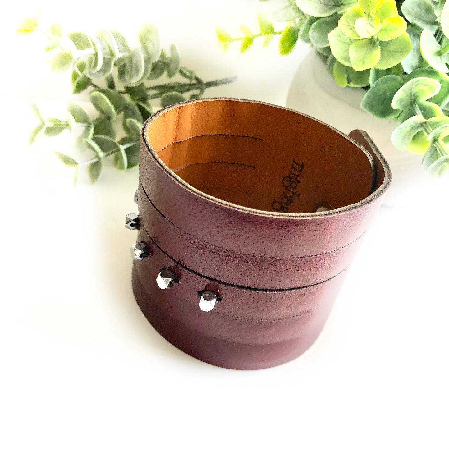 Burgundy Leather Wrist Cuff with Slits