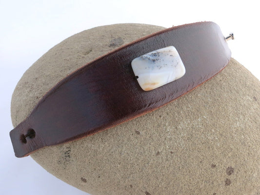 Brown Leather Cuff Bracelet with Carnelian Bead