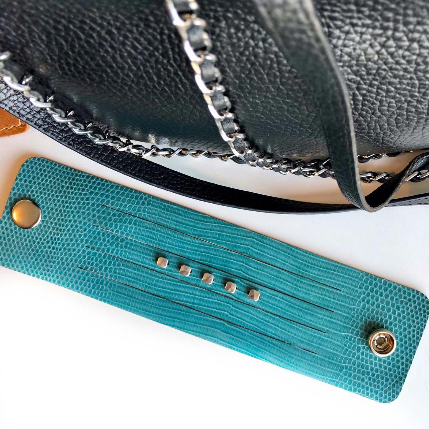 Turquoise Leather Slit Cuff with Beads