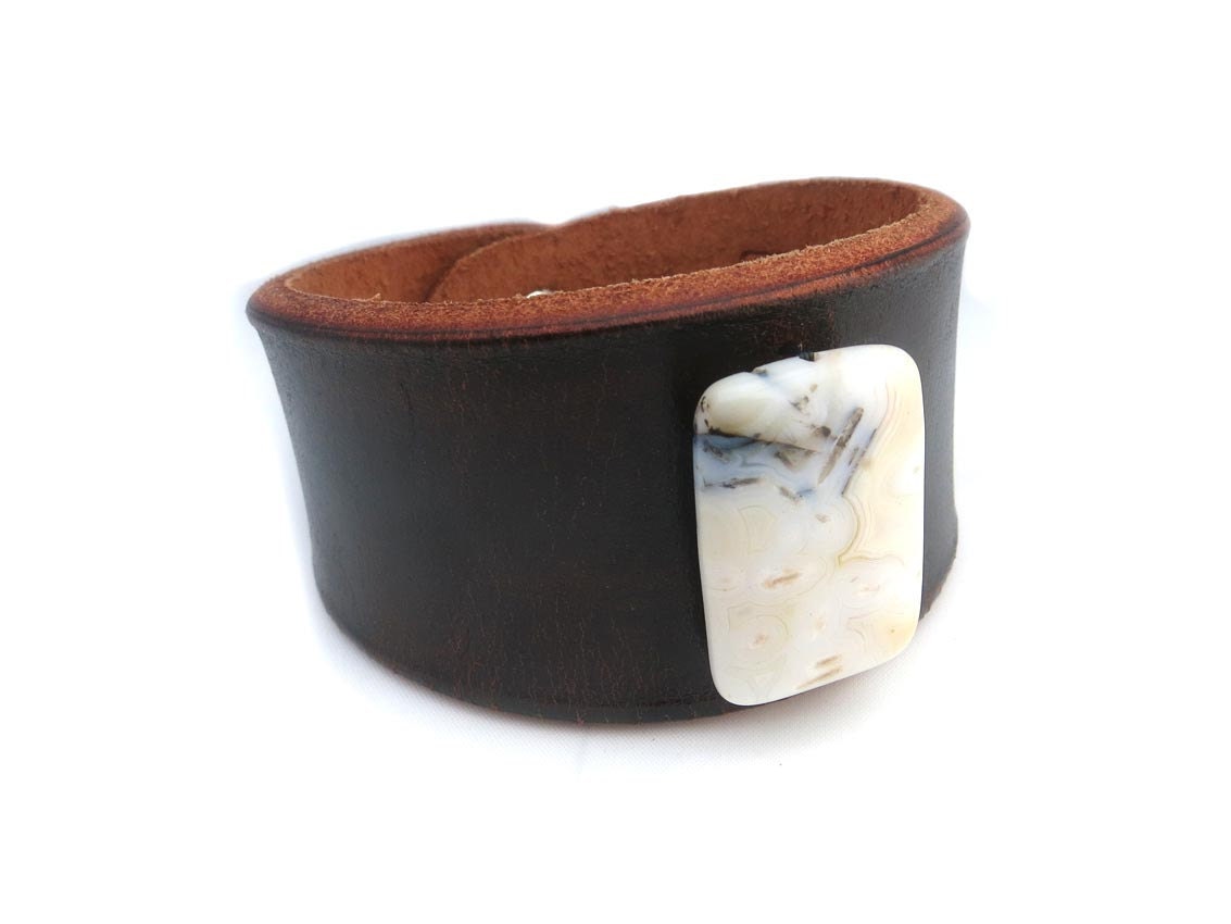 Dark Brown Leather Bracelet with White Carnelian Stone Bead