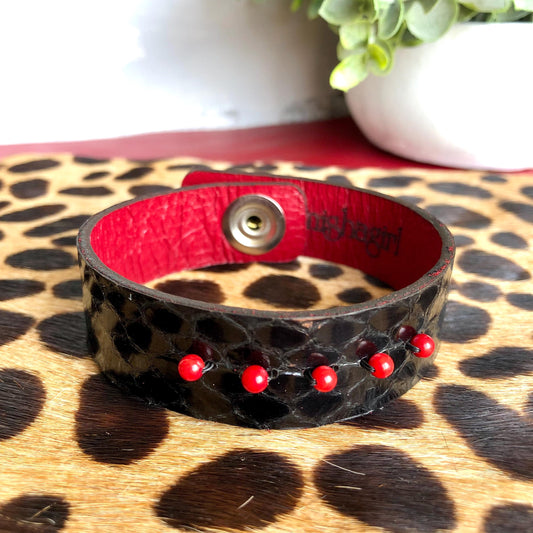 Black Snakeskin Bracelet with Red Beads