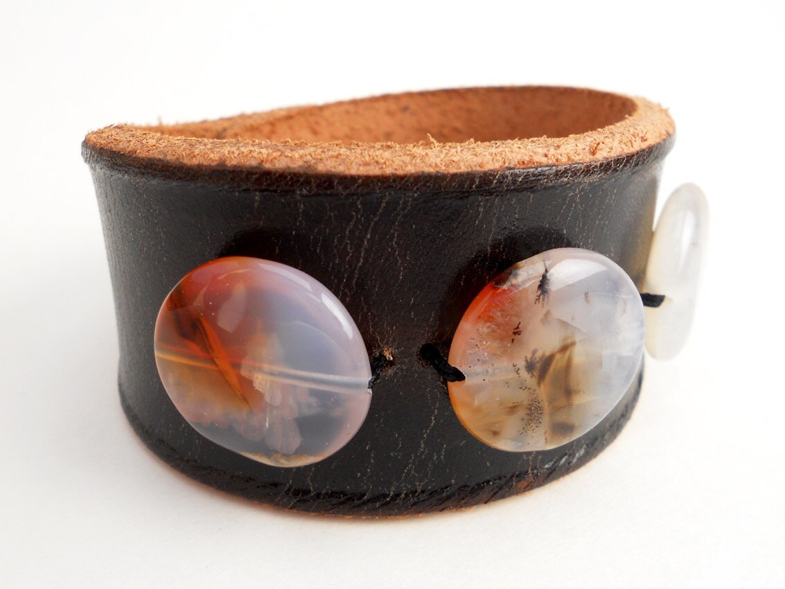 Dark Brown Leather Bracelet with Crystal Agate Beads