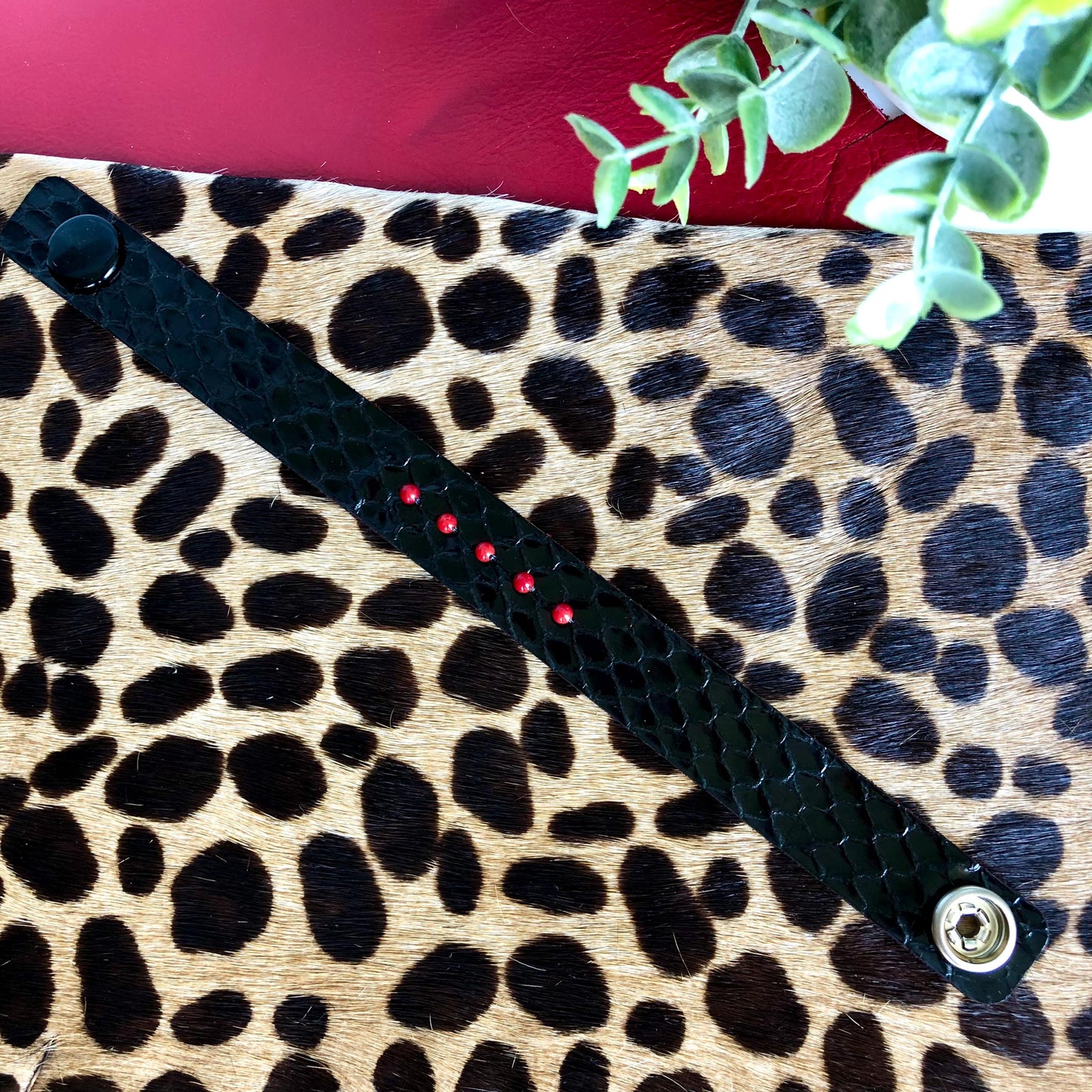 Black Snakeskin Bracelet with Red Beads