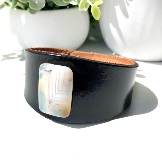 Black Leather Bracelet Cuff with Carnelian Bead