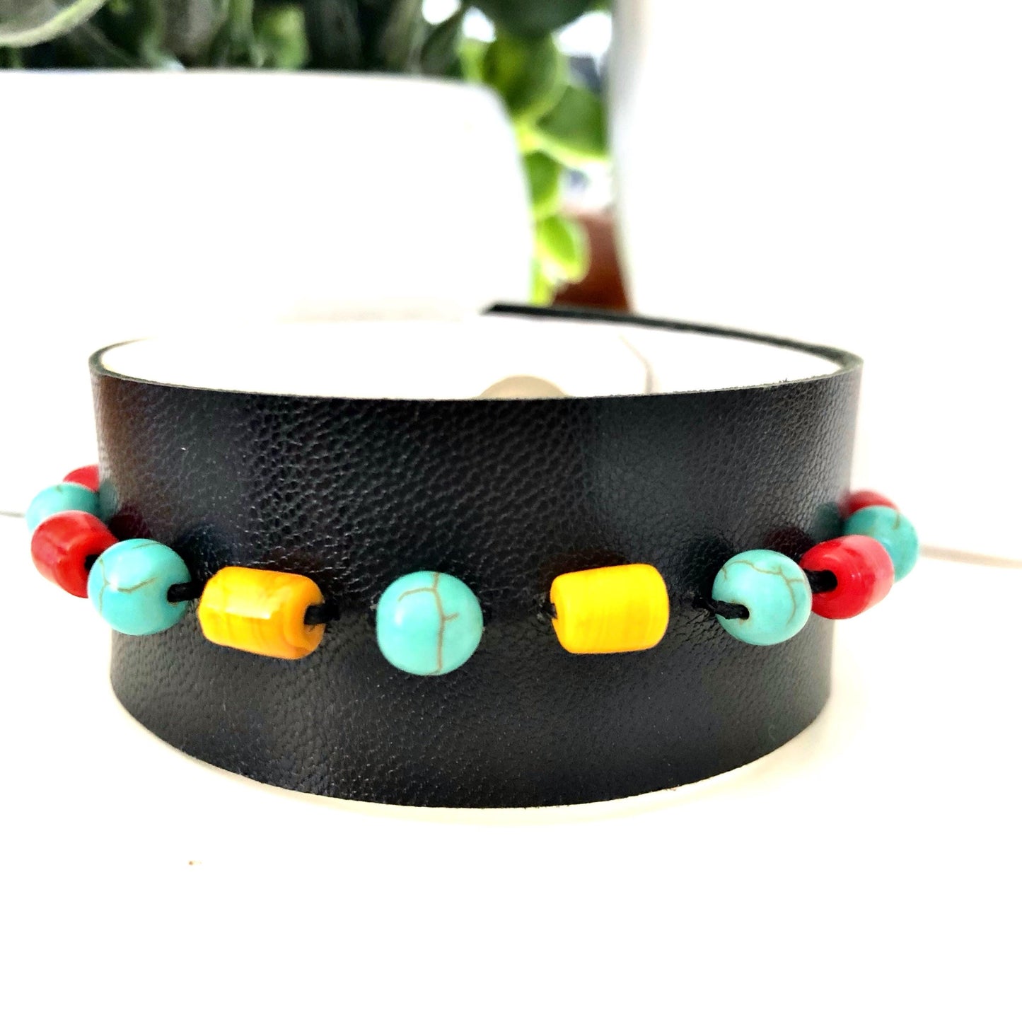 Black Leather Bracelet with Turkish Glass Beads and Turquoise Beads
