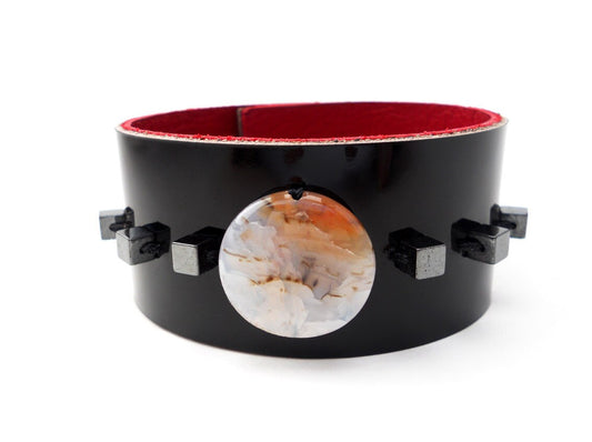 Black Patent Leather Bracelet with Crystal Agate Bead