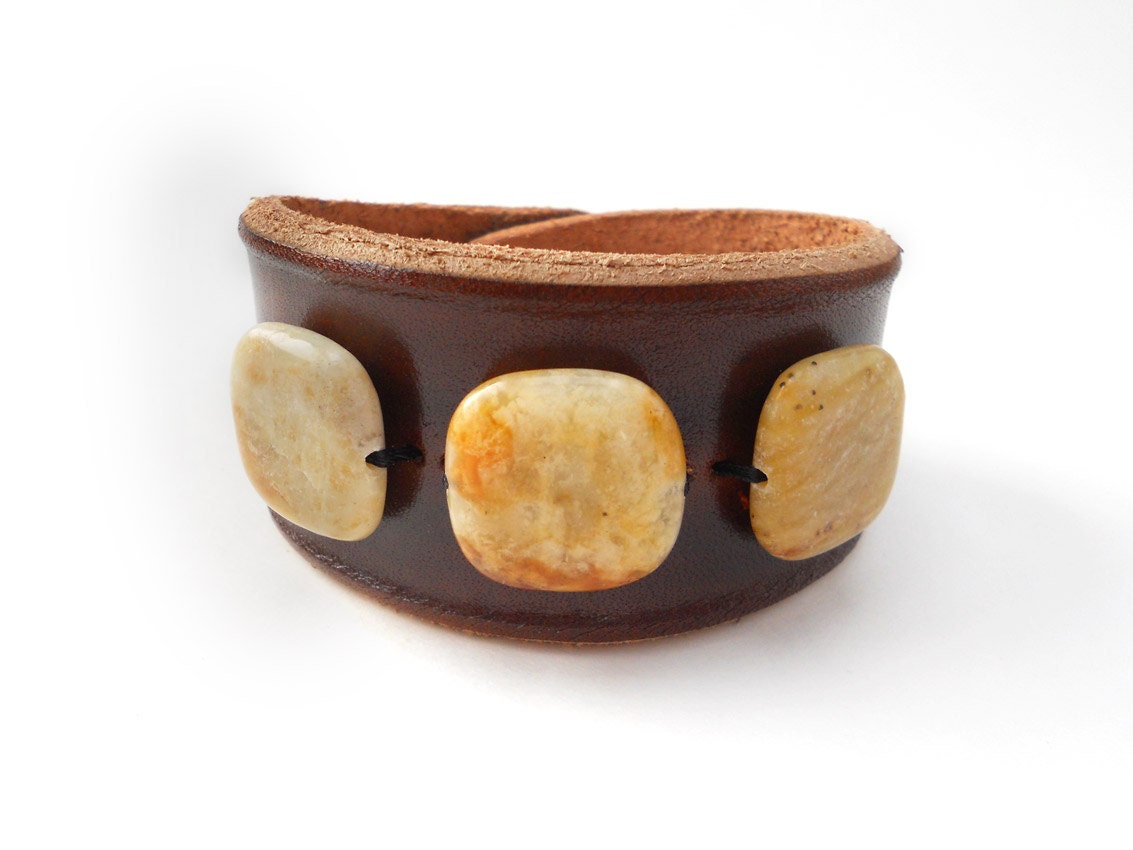 Brown Leather Bracelet Cuff with Yellow Jade Stone Beads