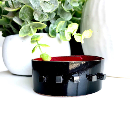 Black Beaded Patent Leather Bracelet for Women