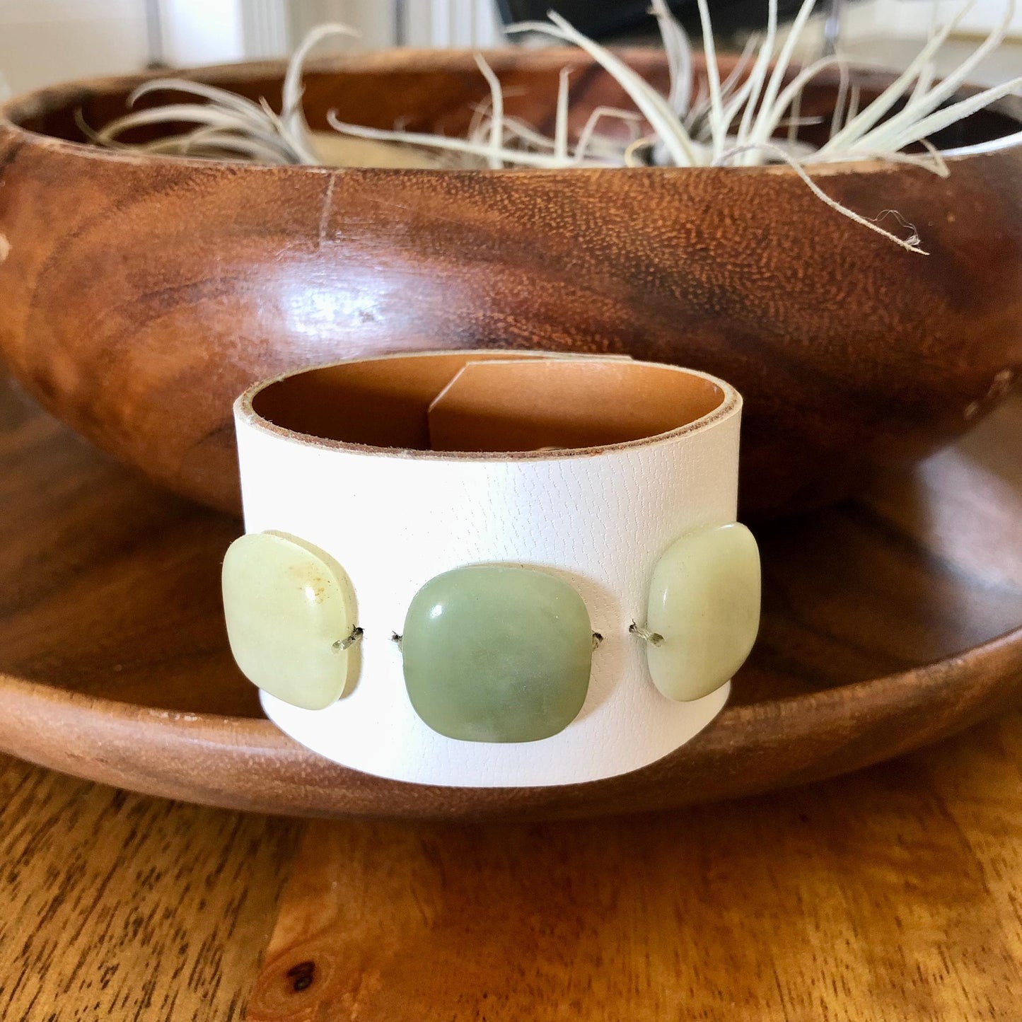 White Leather Bracelet with Green Jade Stone Beads