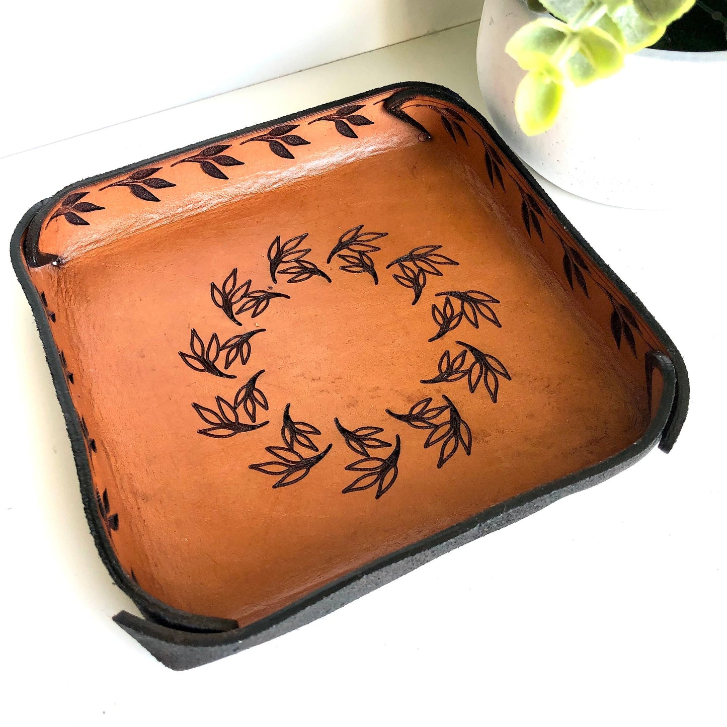 Handmade Leather Catch All Tray with Leaf Motif