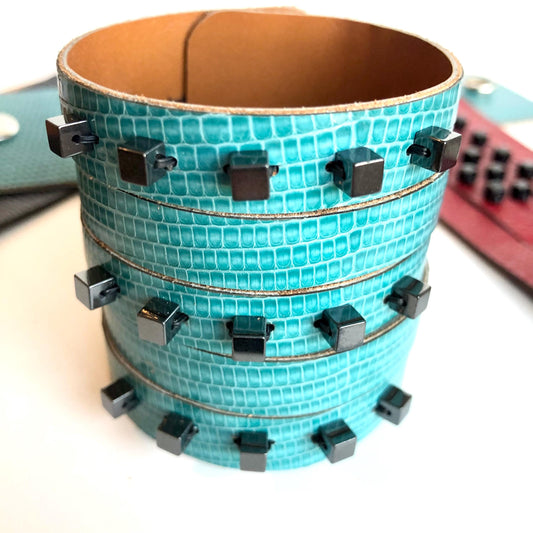 Turquoise Leather Slit Cuff with Beads