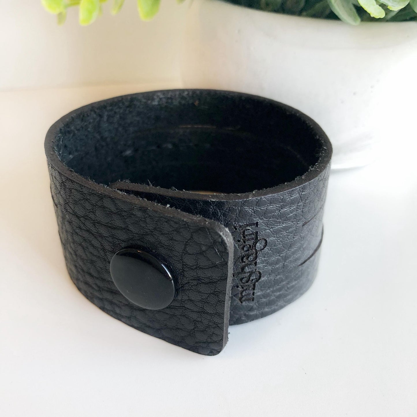 Black Leather Leather Slit Cuff with Beads