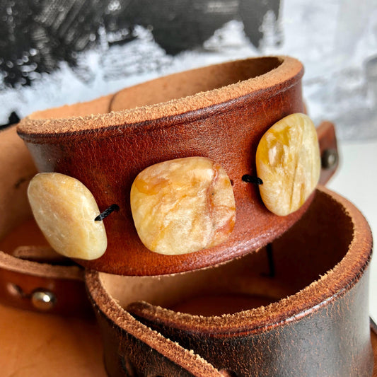 Brown Leather Cuff Bracelet with Honey Colored Jade Stone Beads