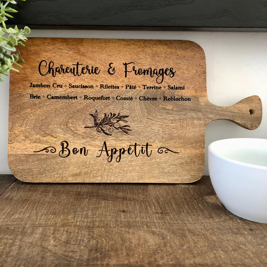 Charcuterie Board made from Acacia Wood, Laser Etched Bon Appétit