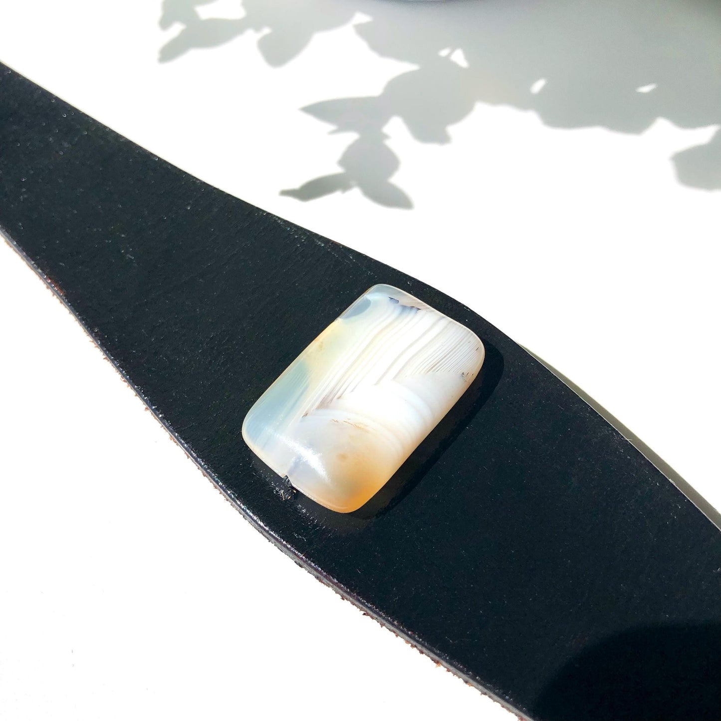 Black Leather Bracelet Cuff with Carnelian Bead