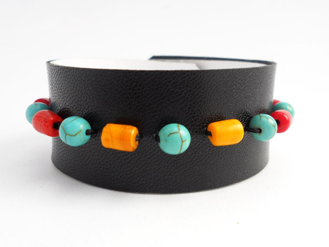 Black Leather Bracelet with Turkish Glass Beads and Turquoise Beads