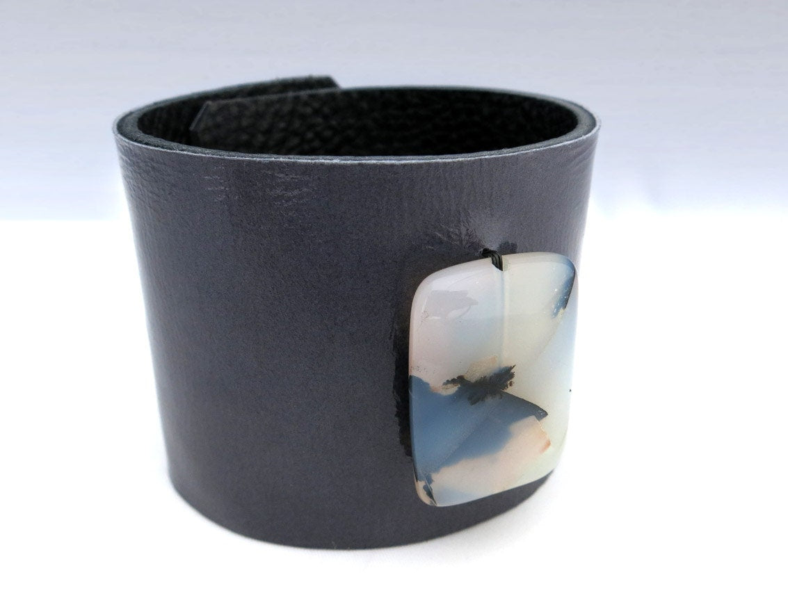 Handmade Navy Blue Leather Cuff Bracelet with Carnelian Stone Bead