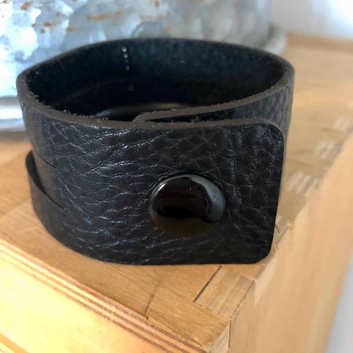 Black Leather Slit Cuff with Beads