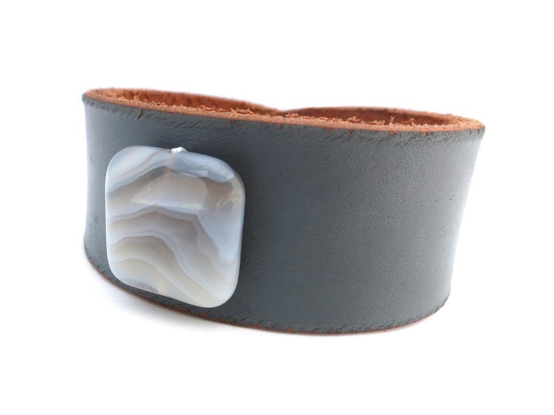 Gray Rawhide Leather Bracelet with White Agate Stone Bead