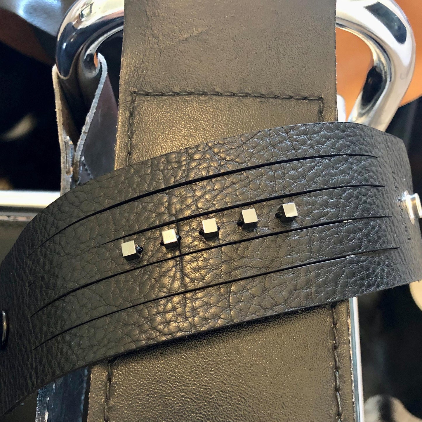 Black Leather Leather Slit Cuff with Beads