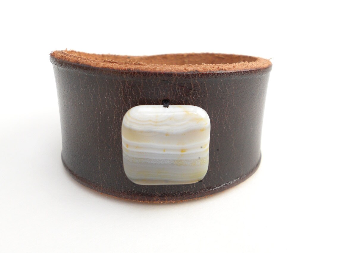 Brown Leather Cuff Bracelet with White Agate Bead