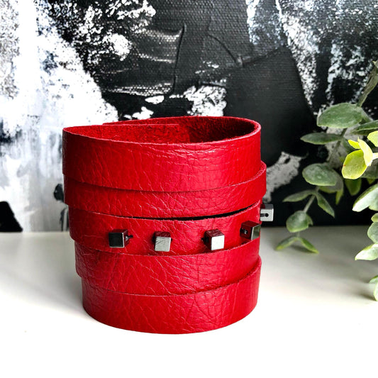 Red Leather Slit Cuff with Beads