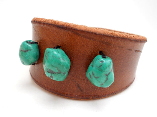 Brown Leather Bracelet Cuff with Teal Beads