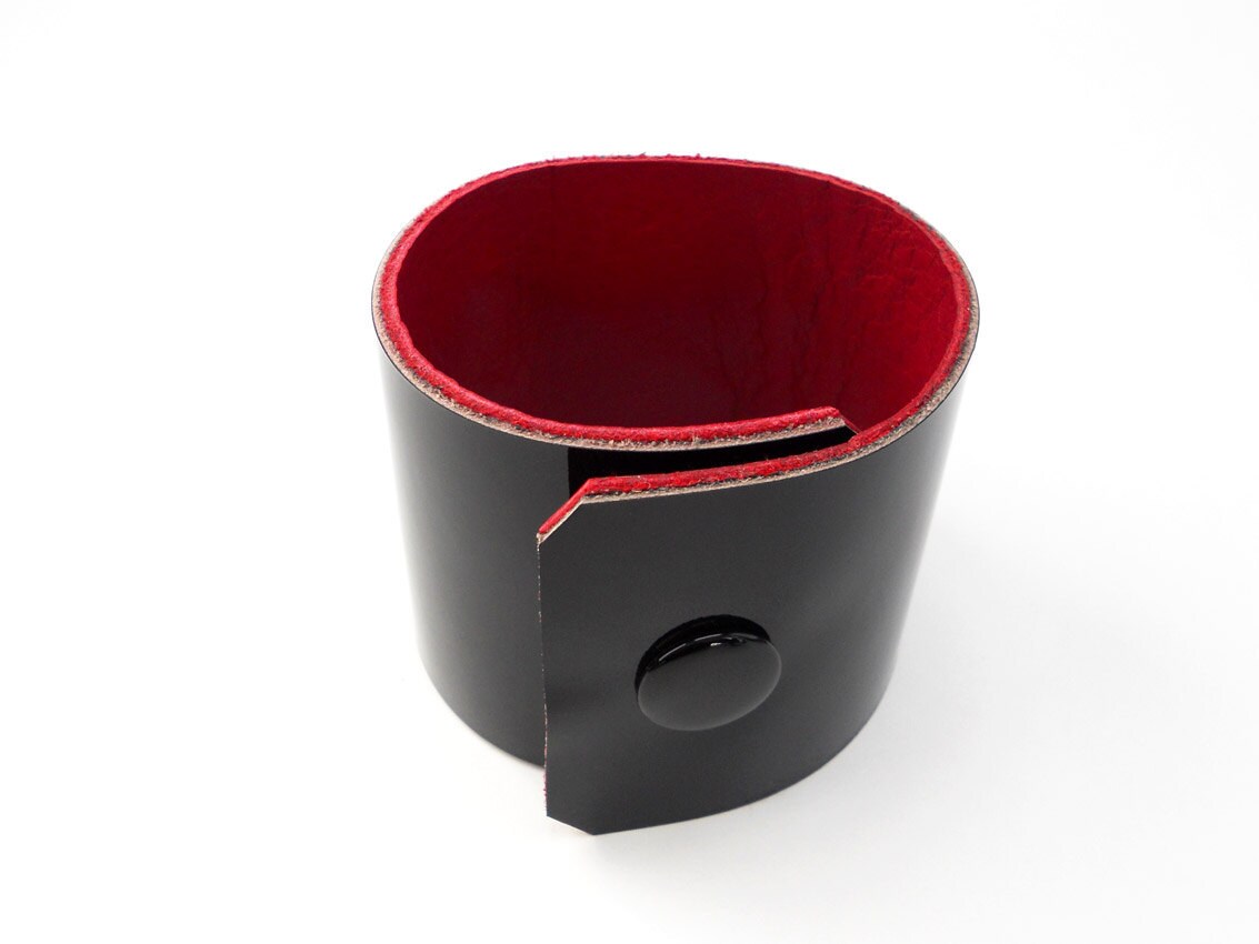 One of a Kind Black Patent Leather Bracelet Cuff with Tiger Striped Jade Stone Bead