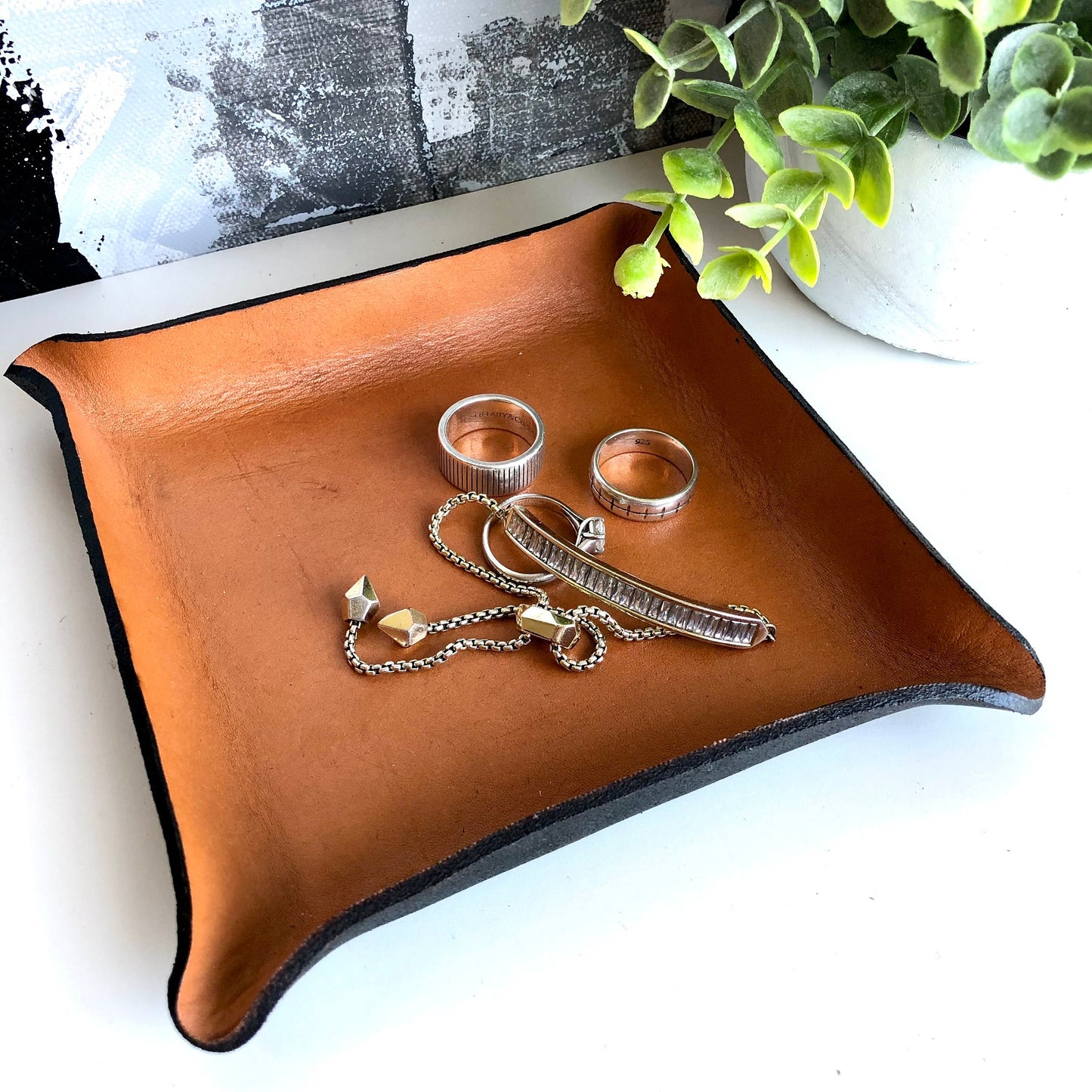Handmade Small Square Leather Catch All Tray