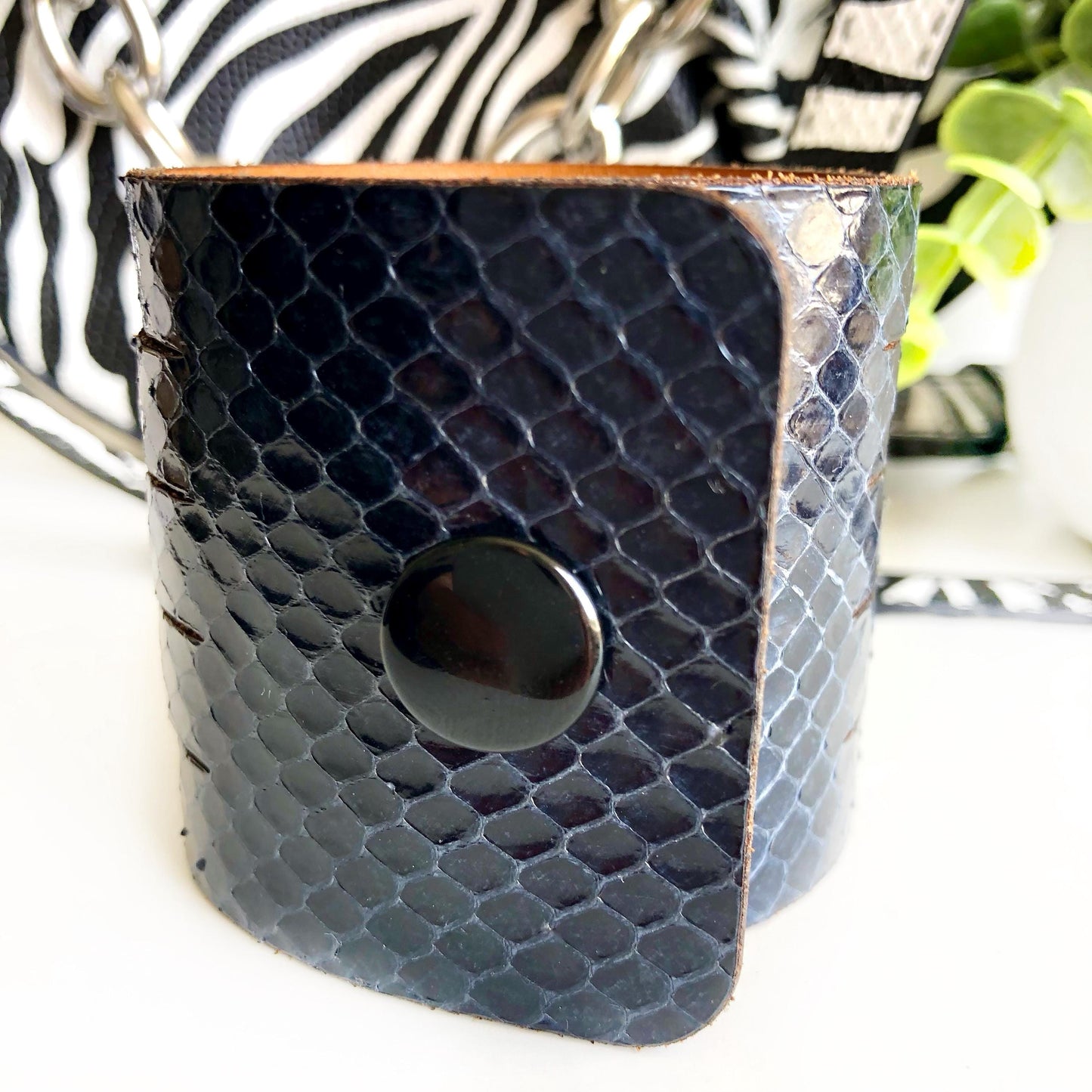Navy Blue Snakeskin Leather Wrist Cuff with Slits