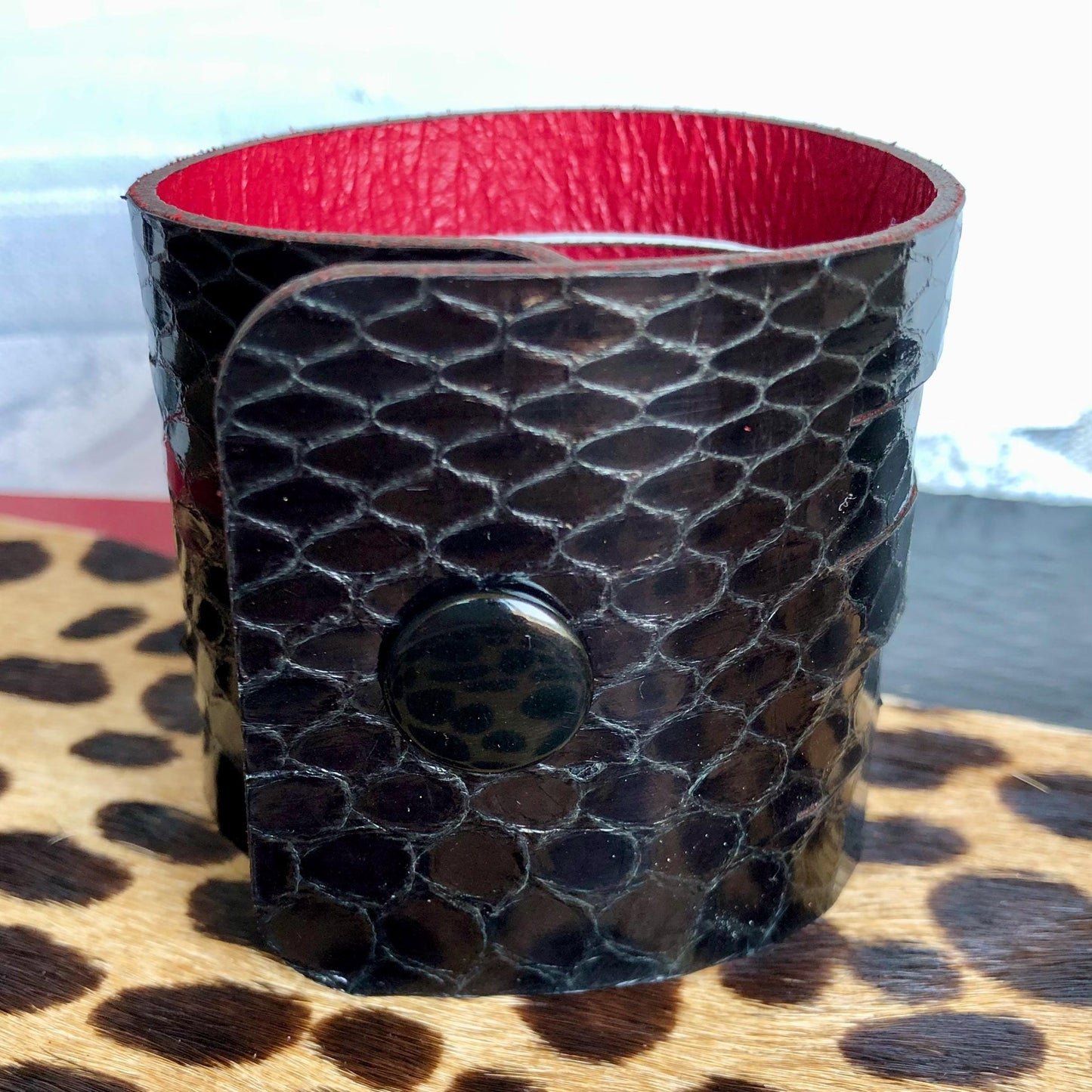 Black Snakeskin Leather Slit Cuff with Beads