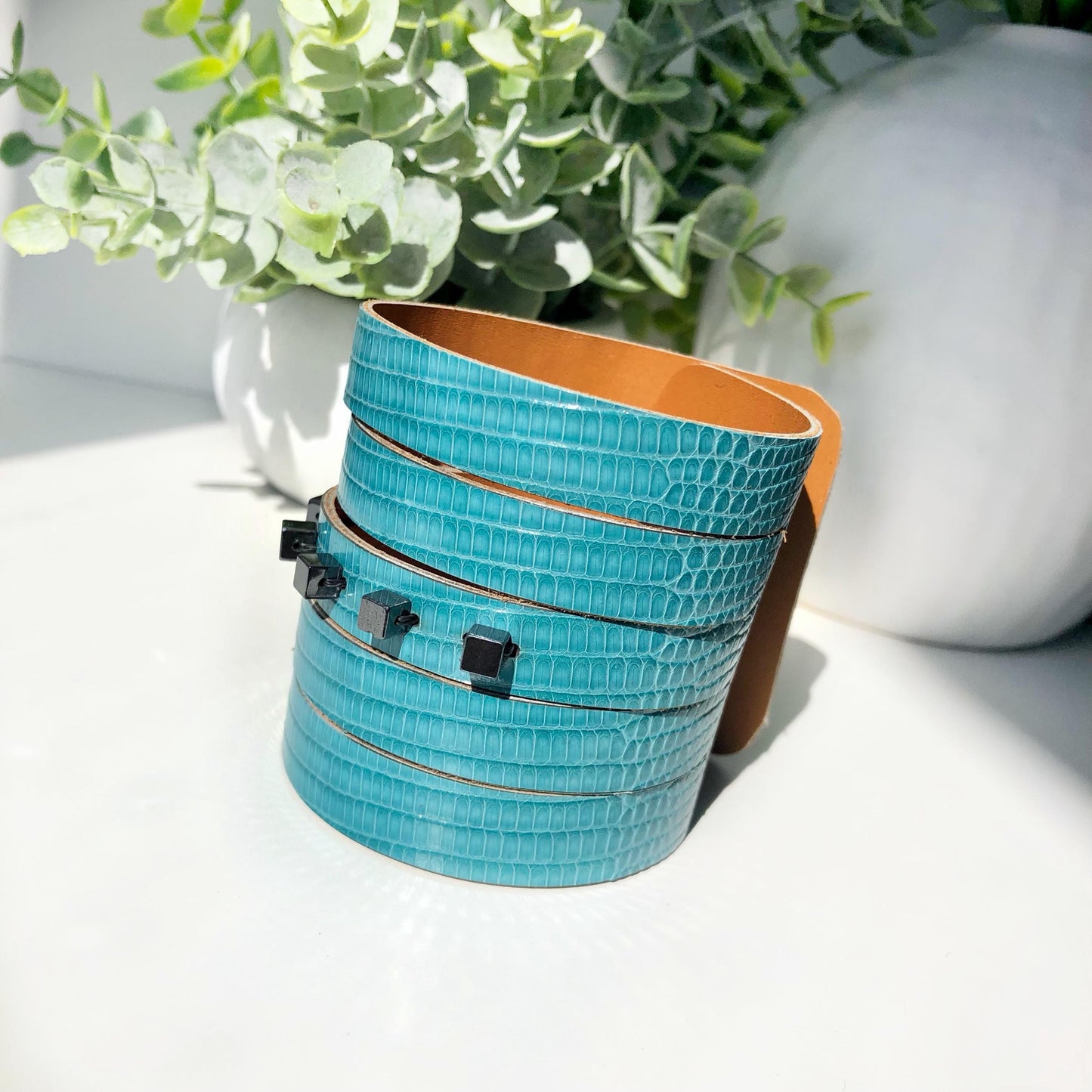 Turquoise Leather Wrist Cuff with Slits