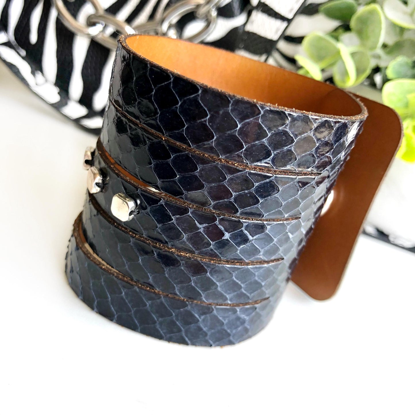Navy Blue Snakeskin Leather Wrist Cuff with Slits