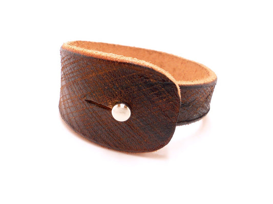 Unisex Hand Etched Brown Leather Bracelet Cuff