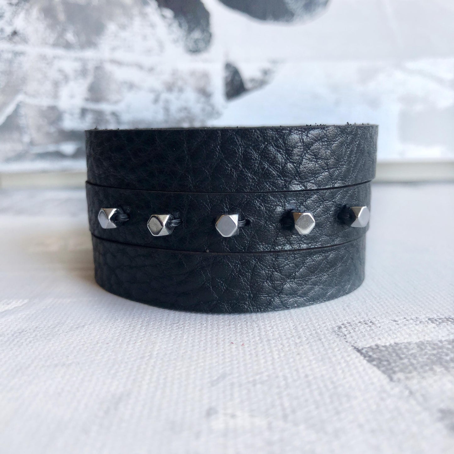 Black Leather Slit Cuff with Beads