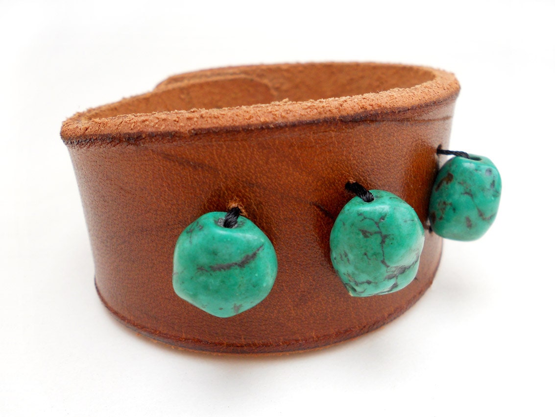 Brown Leather Bracelet Cuff with Teal Beads