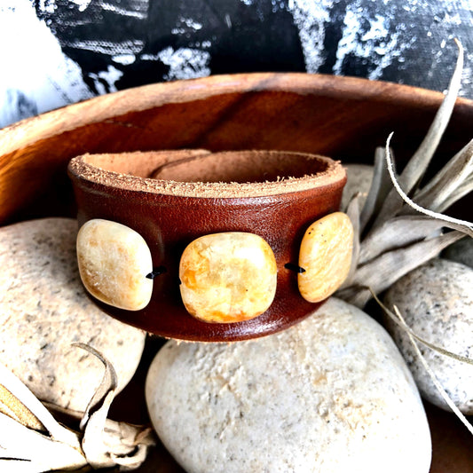 Brown Leather Bracelet Cuff with Yellow Jade Stone Beads