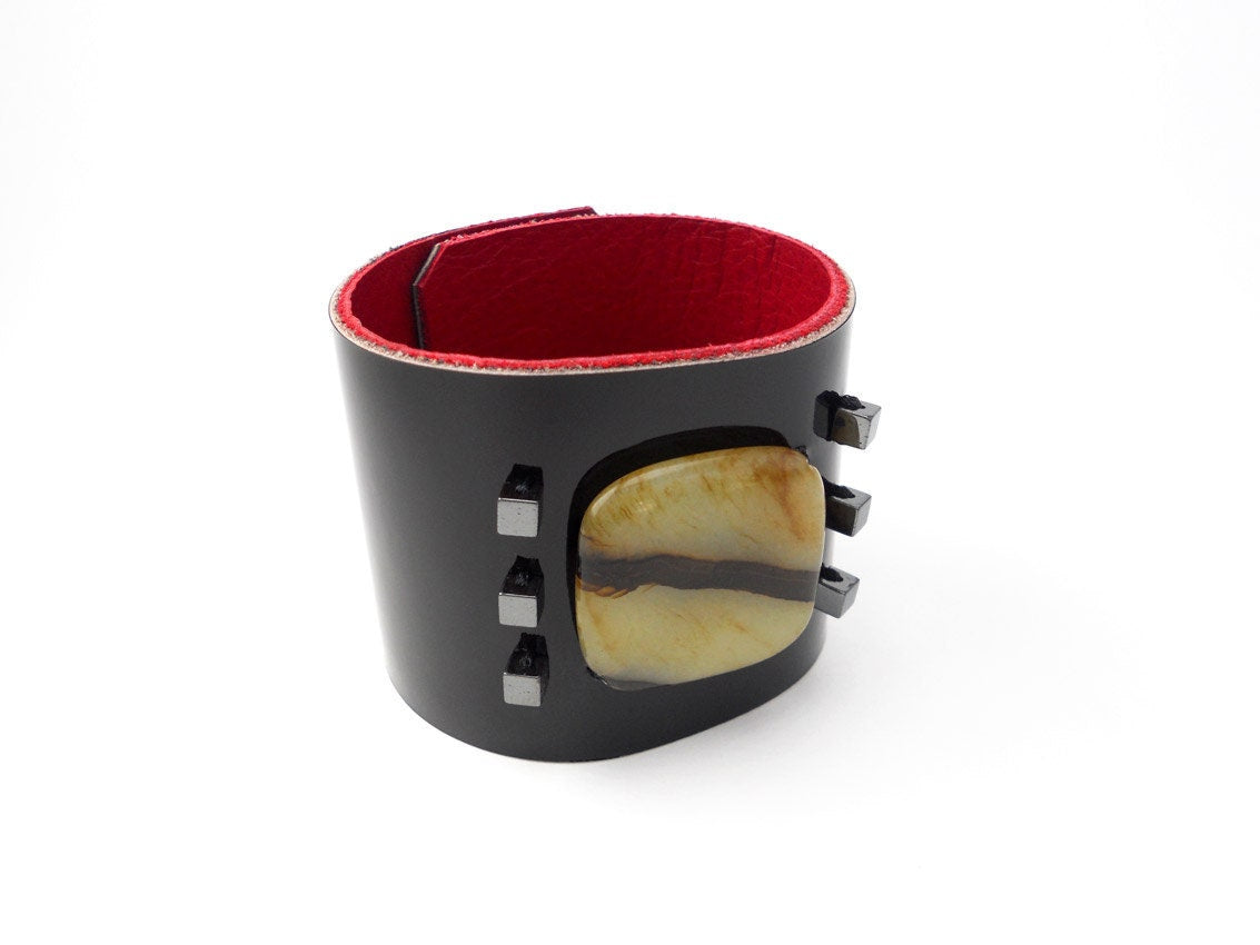 One of a Kind Black Patent Leather Bracelet Cuff with Tiger Striped Jade Stone Bead