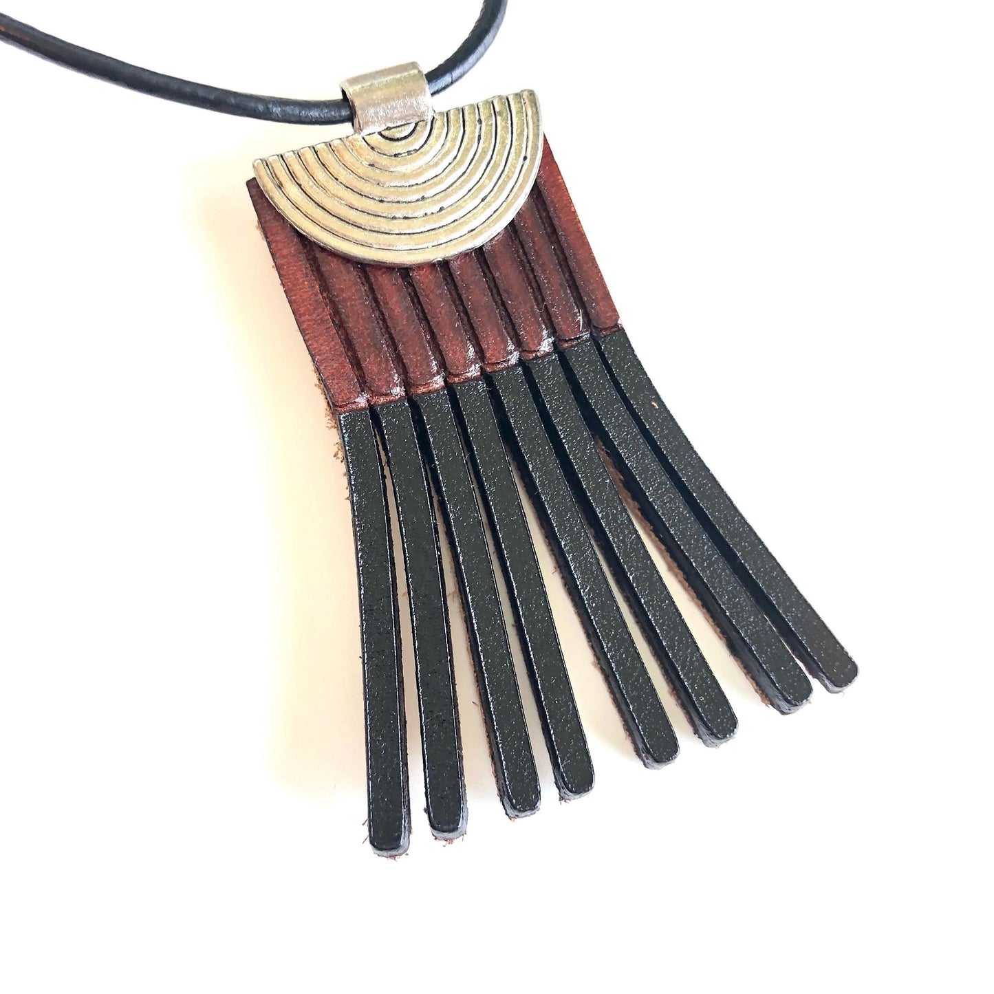 Black and Brown Leather Fringe Necklace