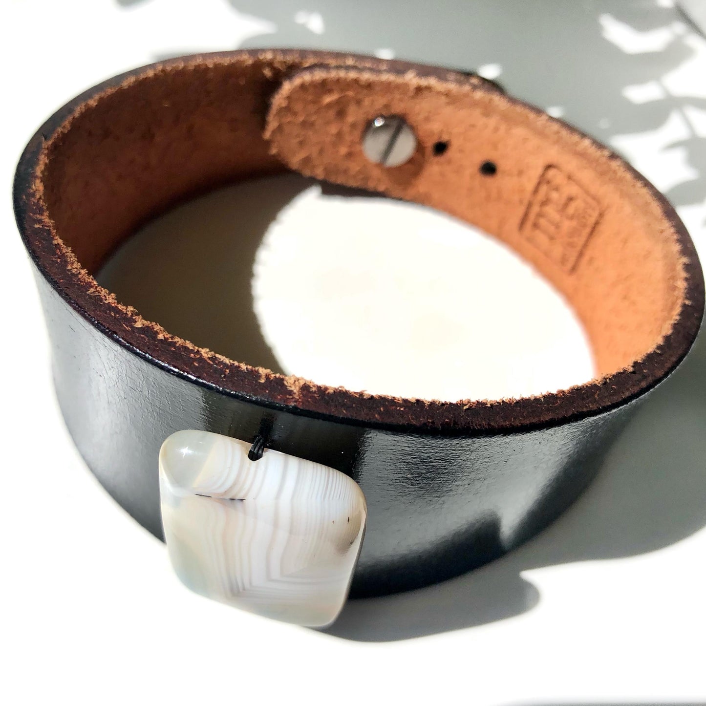 Black Leather Bracelet Cuff with Carnelian Bead