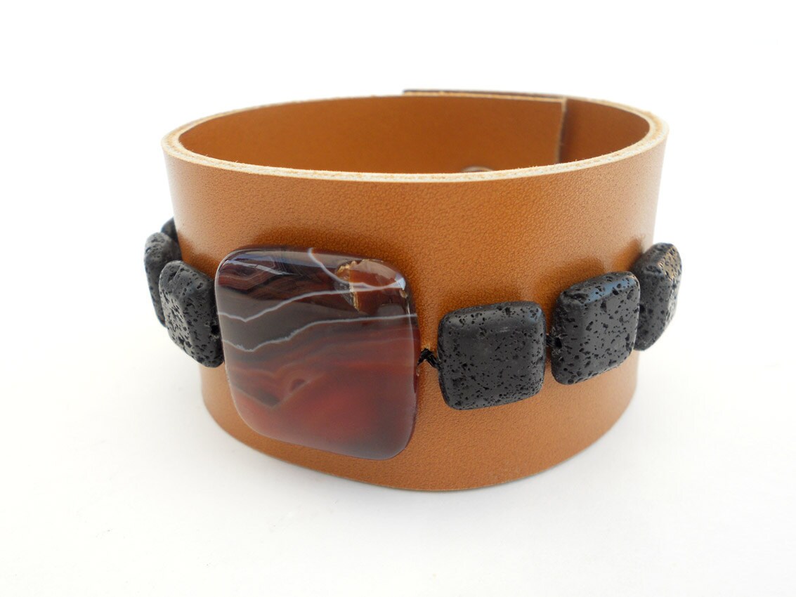Handmade Leather Bracelet with Black Lava Stone Beads