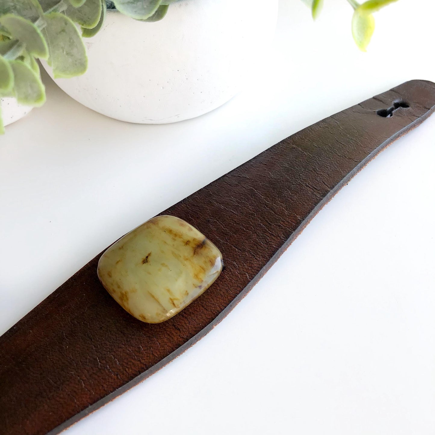 Brown Leather Bracelet with Jade Stone Bead