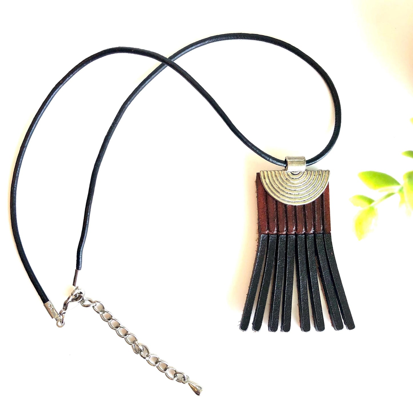 Black and Brown Leather Fringe Necklace