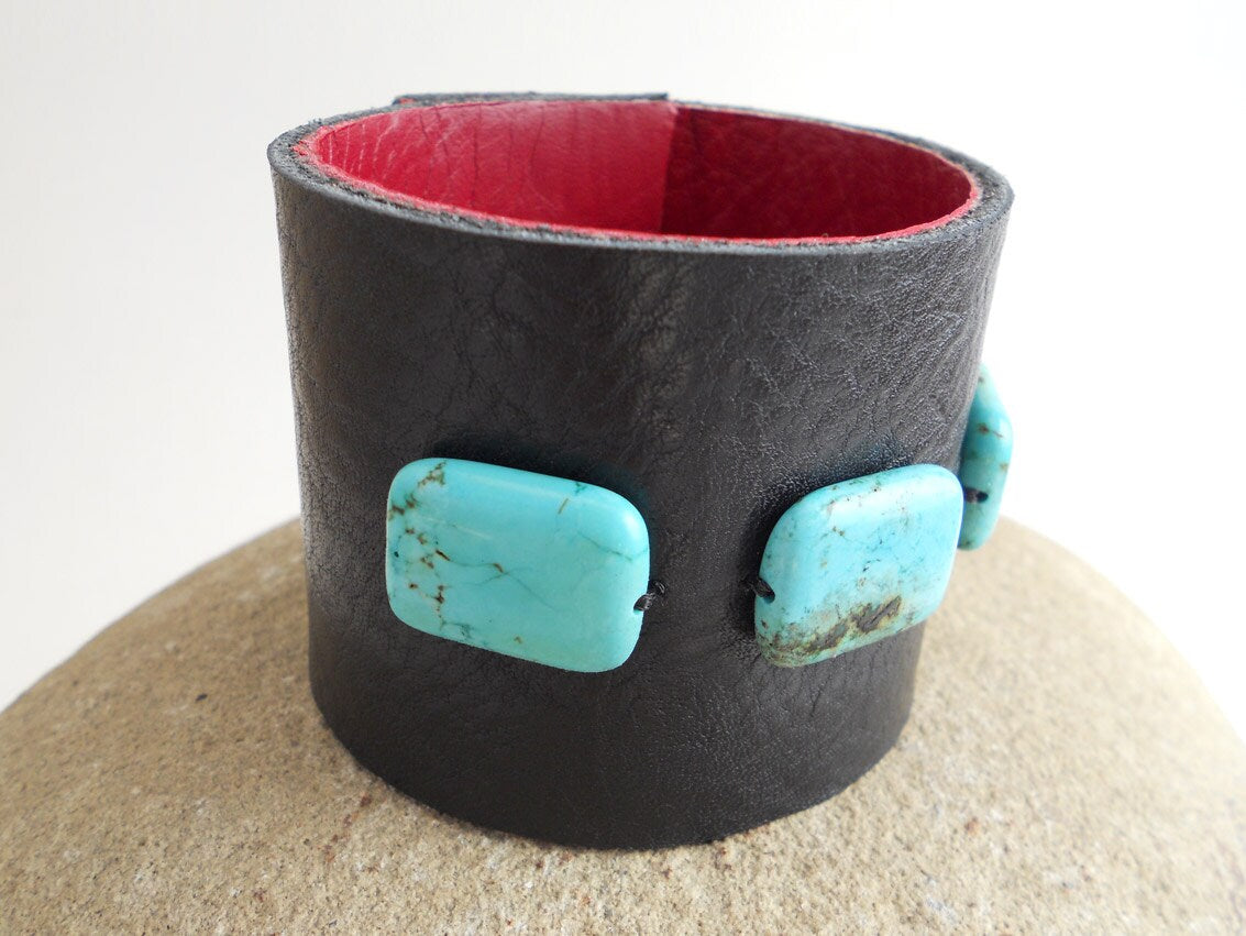Wide Black Leather Bracelet Cuff with Turquoise Beads