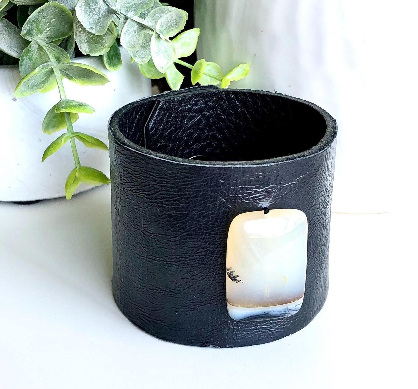 Navy Blue Leather Bracelet with White Carnelian Bead