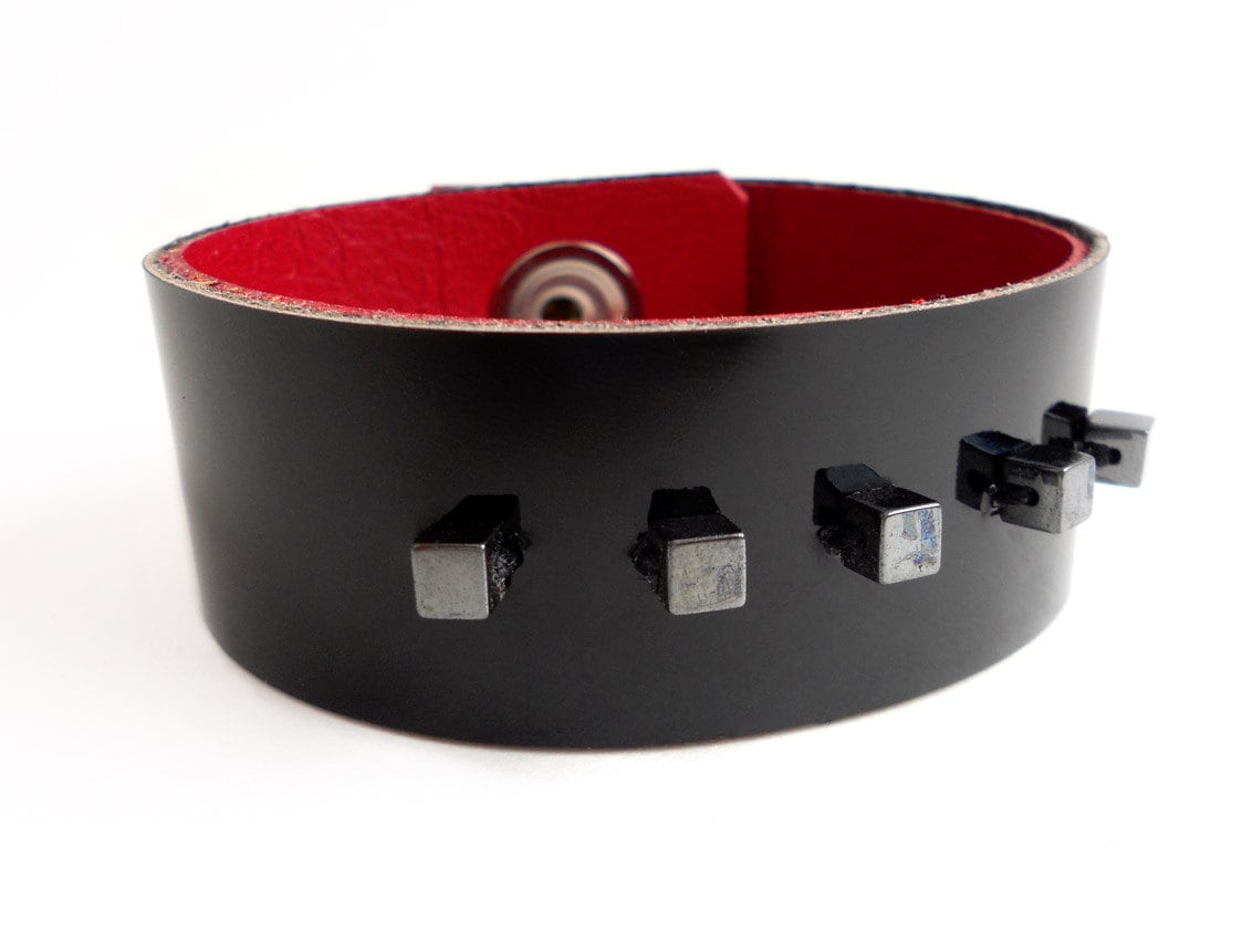 Black Beaded Patent Leather Bracelet for Women