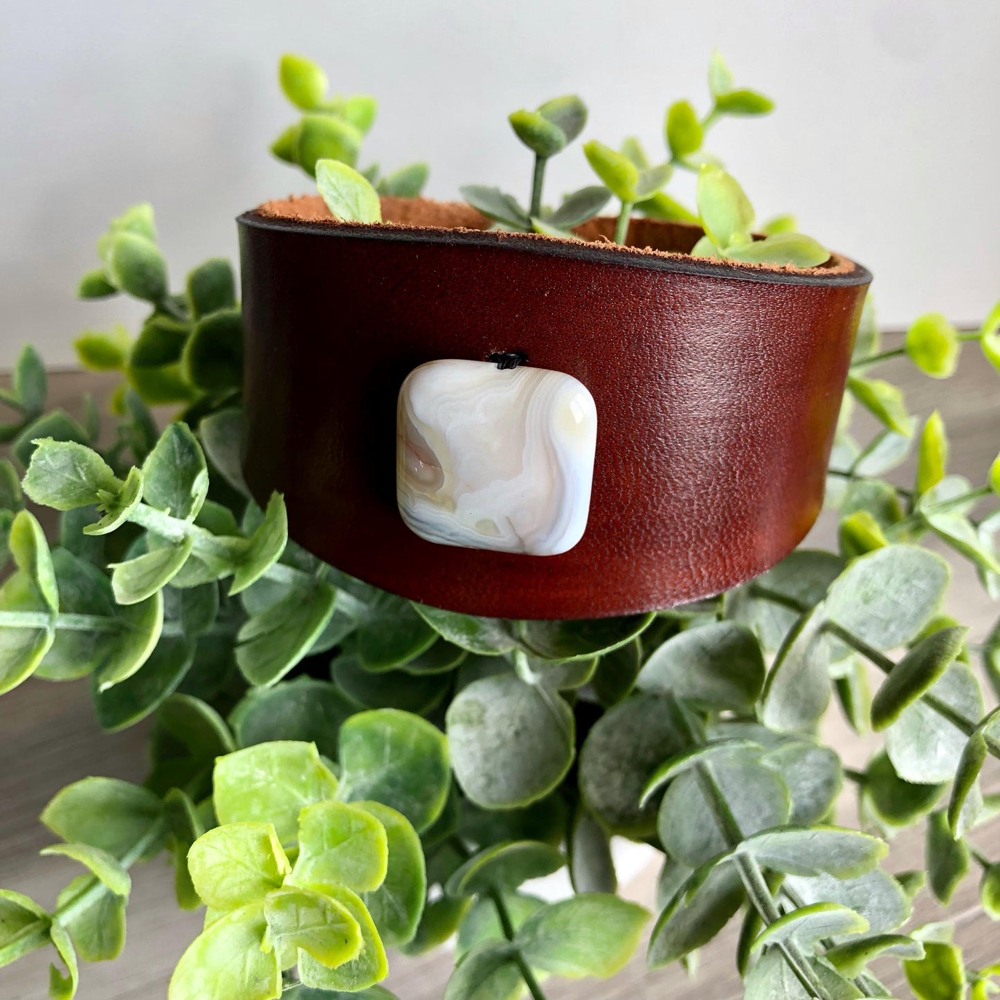Brown Leather Bracelet with White Agate Bead