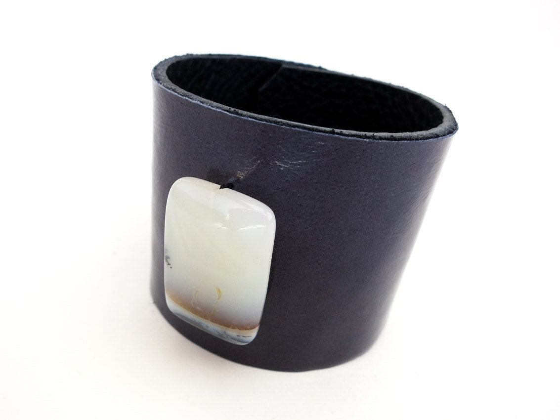 Navy Blue Leather Bracelet with White Carnelian Bead