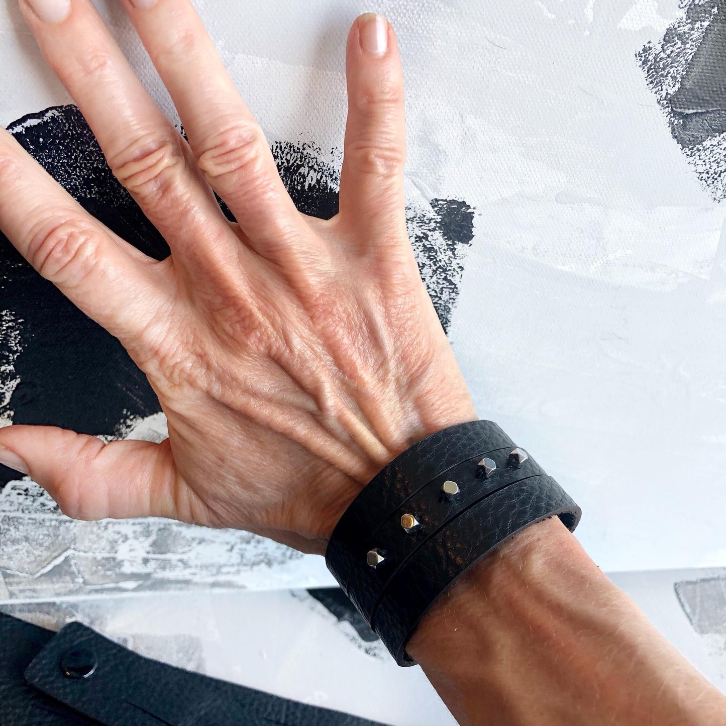 Black Leather Slit Cuff with Beads