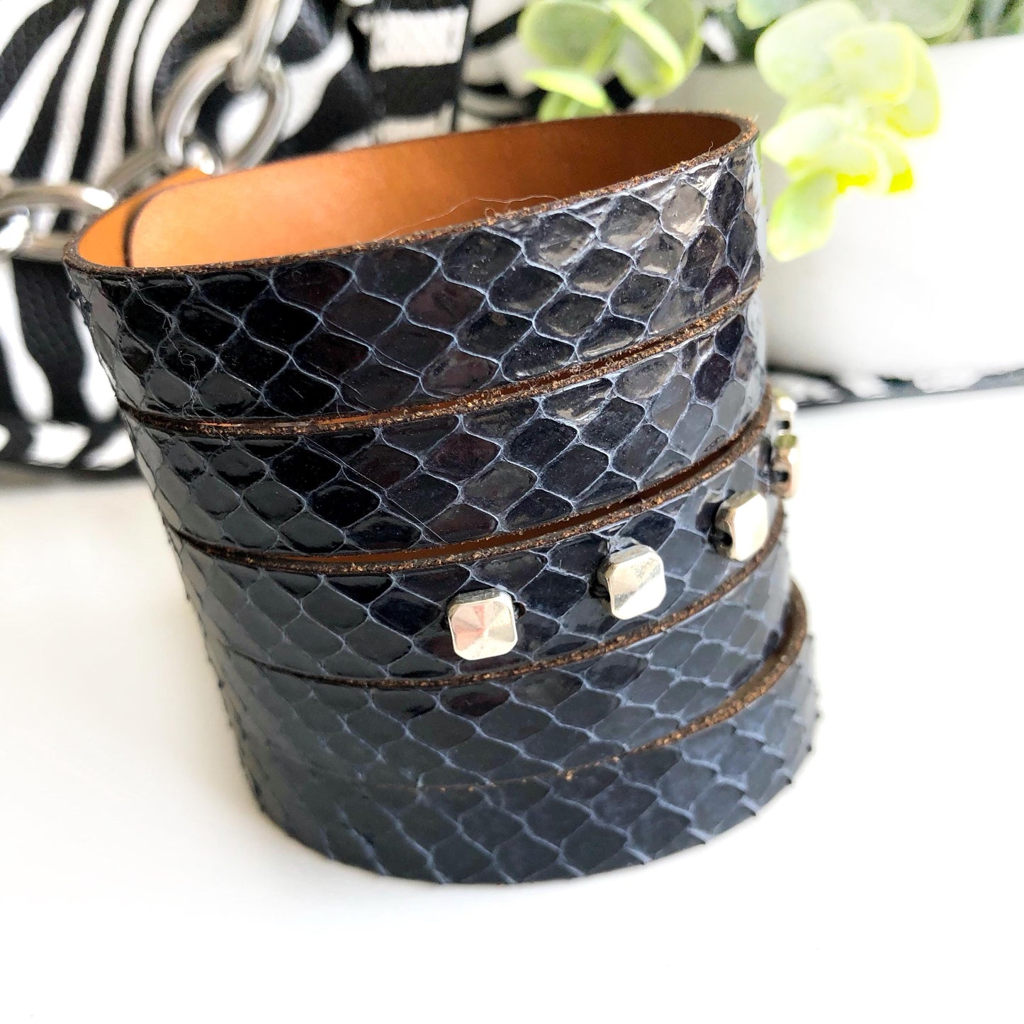 Navy Blue Snakeskin Leather Wrist Cuff with Slits
